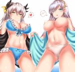  anastasia_(fate/grand_order) aqua_eyes aqua_hair bikini black_cloak blue_bikini blue_cape blue_cloak bow breasts cape cleavage cloak commentary cowboy_shot dragon_horns ear_piercing farys_(afopahqfw) fate/grand_order fate_(series) frilled_bikini frills hair_between_eyes hair_bow hair_ornament highres horns kiyohime_(fate/grand_order) kiyohime_(swimsuit_lancer)_(fate) large_breasts leaf_hair_ornament multiple_girls navel open_mouth piercing ribbon silver_hair smile swimsuit underboob white_background white_bikini yellow_bow yellow_eyes yellow_ribbon 