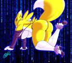  2017 absurd_res anthro big_breasts big_butt bikini breasts butt canine clothed clothing digimon digital_media_(artwork) female footwear fur hi_res high_heels krocialblack looking_at_viewer mammal open_mouth renamon shoes solo swimsuit white_fur 