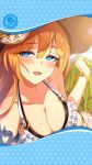  artist_request blue_eyes blush bracelet breasts cleavage collarbone eyebrows_visible_through_hair framed_image hat heart_ring highres jewelry large_breasts long_hair official_art orange_hair phantom_of_the_kill pisarl_(phantom_of_the_kill) sun_hat towel 