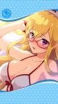  artist_request asclepius_(phantom_of_the_kill) bikini blonde_hair blush bow breasts cleavage eyebrows_visible_through_hair framed_image glasses gloves hair_between_eyes hand_in_hair headwear highres large_breasts long_hair official_art open_mouth phantom_of_the_kill pink_eyes swimsuit white_bikini white_bikini_top 