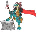  2018 3_toes animal_genitalia anthro armor clothed clothing digital_media_(artwork) docking fennfeathers genital_slit hi_res holding_object holding_weapon lizard male melee_weapon polearm reptile scalie simple_background slit slit_penetration slit_play smile solo spear standing toes tongue tongue_out weapon 