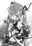  1girl flat_chest from_above gloves greyscale highres indoors kasuga_ayumu_(haruhipo) kneeling leotard long_hair monochrome novel_illustration official_art ore_twintail_ni_narimasu shiny shiny_hair solo tailred twintails very_long_hair wooden_floor 