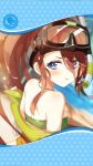  :t artist_request bandeau blue_eyes blush brown_hair eyewear_on_head framed_image green_bandeau hair_between_eyes highres jewelry long_hair necklace official_art paracelsus_(phantom_of_the_kill) phantom_of_the_kill ponytail pout snorkel water 