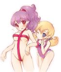  blonde_hair blush breasts character_request commentary_request cross_swimsuit curly_hair dragon_quest dragon_quest_ii kichijou_agata long_hair medium_breasts multiple_girls naked_ribbon princess_of_moonbrook purple_hair ribbon swimsuit 