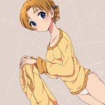  artist_name bangs black_bow blue_eyes bow braid brown_background closed_mouth commentary crotch_seam dutch_angle from_side girls_und_panzer hair_bow holding_clothes kari_okome long_sleeves looking_at_viewer no_pants orange_hair orange_pants orange_pekoe orange_shirt pajamas panties pants pants_removed parted_bangs shirt short_hair signature solo standing tied_hair triangle twin_braids twitter_username underwear white_panties 