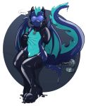  ... 2018 absurd_res anthro black_collar blitz_(krystaldawn) boots bulge claws clothing collar digital_drawing_(artwork) digital_media_(artwork) dragon drone footwear helixjack hi_res horn legwear liquid_latex male membranous_wings rubber scalie shiny simple_background solo speech_bubble sweat visor wings 