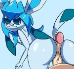  2018 anthro butt digital_media_(artwork) duo eeveelution eyewear female glaceon glasses hair hot_dogging human human_on_anthro interspecies male male/female mammal mintyspirit nintendo nipples nude penis pok&eacute;mon pok&eacute;mon_(species) sex simple_background smile video_games 