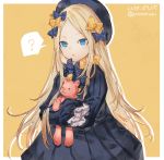  :o ? abigail_williams_(fate/grand_order) bangs black_bow black_dress black_hat blonde_hair blue_eyes bow commentary_request dated dress eyebrows_visible_through_hair fate/grand_order fate_(series) forehead hair_bow hat highres long_hair long_sleeves looking_at_viewer object_hug orange_bow parted_bangs parted_lips polka_dot polka_dot_bow shionty simple_background sleeves_past_fingers sleeves_past_wrists solo spoken_question_mark stuffed_animal stuffed_toy teddy_bear twitter_username very_long_hair 