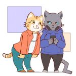  anthro blue_eyes blush cat clothed clothing duo feline headphones hoodie kuehiko_roshihara male mammal multicolored_tail owo reisho simple_background striped_tail stripes tapio_chatarozawa whiskers white_background working_buddies! yellow_eyes 