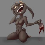  2018 anthro blood breasts caprine digital_drawing_(artwork) digital_media_(artwork) female front_view fur goat hair holding_object holding_weapon looking_at_viewer mammal melee_weapon open_mouth plushkinn simple_background smile solo teeth tongue weapon yandere 
