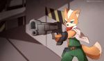  animated anthro brown_fur canine clothing dipstick_tail epilepsy_warning fingerless_gloves fox fox_mccloud fur gloves green_eyes gun handgun jacket male mammal multicolored_tail nintendo ranged_weapon redscarf045 solo star_fox video_games weapon white_fur 