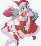  1girl aqua_hair blue_eyes blue_hair blush cape christmas dress eirika elbow_gloves fire_emblem fire_emblem:_seima_no_kouseki fire_emblem_heroes fur_trim gloves hat highres itou_(very_ito) long_hair looking_at_viewer nintendo open_mouth santa_costume simple_background skirt smile solo thighhighs white_background zettai_ryouiki 
