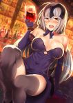  1girl ahoge alcohol bangs bar bare_shoulders black_dress black_gloves black_legwear blush breasts cleavage covered_navel cup dress drinking_glass elbow_gloves fate/grand_order fate_(series) gloves hair_between_eyes headpiece highres hips jeanne_d&#039;arc_(alter)_(fate) jeanne_d&#039;arc_(fate)_(all) kawai large_breasts long_hair looking_at_viewer open_mouth silver_hair sitting smile solo thighs very_long_hair wine wine_glass yellow_eyes 