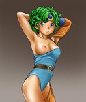  areolae armpits arms_behind_head arms_up belt blue_eyes blue_leotard breast_slip breasts curly_hair dragon_quest dragon_quest_iv earrings green_hair heroine_(dq4) jewelry large_breasts leotard nipples one_breast_out sandansu short_hair solo tan 