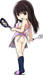  ane_doki apron ass breasts brown_eyes brown_hair chibi egg frying_pan full_body hagiwara_natsuki harukigenia large_breasts naked_apron sideboob slippers socks solo spatula standing transparent_background 