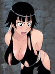  ass bent_over black_eyes black_hair bleach blush breasts cleavage diisuke hanging_breasts highres jiisuke large_breasts leaning_forward nipple_slip nipples short_hair soifon sui-feng torn_clothes 