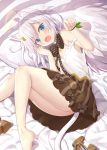  1girl :o angel_wings animal_ear_fluff animal_ears bare_legs barefoot bed_sheet blue_eyes bow bowtie breast_slip breasts cat_ears cat_tail commentary_request fang feathered_wings hair_between_eyes hair_ornament hairclip halo highres long_hair looking_at_viewer lying nipples on_side original paw_pose pillow polka_dot polka_dot_bow shoes_removed skirt small_breasts solo star star_in_eye strap_slip symbol_in_eye tail two_side_up wings yano_mitsuki 