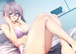  barefoot bed bra breasts cleavage cropped fate/grand_order fate_(series) glasses mash_kyrielight panties purple_eyes purple_hair short_hair underwear zucchini 