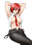 abs armpits arms_behind_head arms_up bang-you blue_eyes breasts denim jeans large_breasts midriff muscle navel necktie nipples open_clothes open_shirt pants red_hair see-through shiny shiny_skin shirt short_hair simple_background solo the_king_of_fighters unzipped vanessa_(king_of_fighters) 