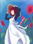 1girl black_shirt blue_sky closed_eyes closed_mouth collared_shirt dress falling_petals flower from_side hands_on_headwear hat highres juliet_sleeves kohaku_(tsukihime) long_sleeves outdoors petals pinafore_dress puffy_sleeves raie_l red_flower red_hair shirt sky sleeveless sleeveless_dress solo straw_hat tsukihime white_dress wind 