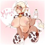  2018 anthro big_breasts blush bovine breasts cattle clothed clothing doodle_dip female fur hair huge_breasts lactating legwear looking_at_viewer maid_uniform mammal milk momo_(doodle_dip) nipples simple_background smile solo stockings text thick_thighs uniform 