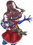  2girls black_bow blue_eyes blue_gloves blue_pantyhose blue_thighhighs blush bow breasts brown_dress brown_hair dress elbow_gloves fate/grand_order fate_(series) forehead gloves hair_bow highres honjou_raita large_breasts leonardo_da_vinci_(fate) leonardo_da_vinci_(rider)_(fate) leonardo_da_vinci_(rider)_(first_ascension)_(fate) long_hair looking_at_viewer multiple_girls open_mouth pantyhose parted_bangs ponytail puff_and_slash_sleeves puffy_short_sleeves puffy_sleeves red_skirt short_sleeves skirt small_breasts smile thighhighs 