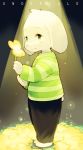  3_toes 4_fingers anthro asriel_dreemurr barefoot boss_monster caprine clothed clothing english_text fangs floppy_ears flower fully_clothed fur goat green_clothing green_eyes head_tuft hi_res holding_object kishibe looking_at_viewer mammal plant short_tail side_view solo text toes undertale video_games white_fur 