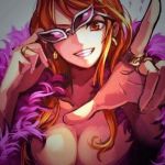  1girl breasts cleavage cosplaying donquixote_doflamingo grin large_breasts long_hair looking_at_viewer nami_(one_piece) one_piece orange_hair sitting smile solo 