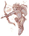  aiming arrow boots bow_(weapon) drawing_bow full_body gloves h'aanit_(octopath_traveler) highres holding holding_bow_(weapon) holding_weapon krazehkai left-handed long_hair monochrome octopath_traveler pelt quiver solo weapon white_background 