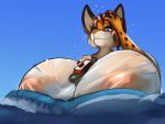  2018 anthro between_breasts big_breasts blue_eyes boat breasts cheetah clothing digital_media_(artwork) feline female fur hand_on_head huge_breasts looking_at_breasts macro mammal nipples orange_fur pink_nipples sea shirt solo spots spotted_fur standing t-bone_(artist) translucent transparent_clothing vehicle water wet wet_shirt 