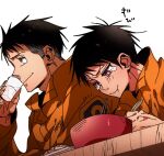  2boys akitaru_oubi black_hair blush bowl brown_eyes closed_mouth commentary_request cup drinking eating en'en_no_shouboutai holding holding_cup jumpsuit male_focus multiple_boys orange_jumpsuit pink_eyes qbei_c shinra_kusakabe short_hair simple_background sound_effects table tears undercut white_background wooden_table 
