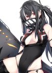  absurdres azur_lane bandana_over_mouth bangs bare_shoulders bikini bikini_bottom black_bikini black_earrings black_gloves black_hair black_legwear black_leotard blush breasts commentary covered_navel elbow_gloves gloves hair_between_eyes highres iron_cross leotard long_hair looking_at_viewer medium_breasts multicolored_hair nanakaku one-piece_swimsuit one_side_up red_eyes side_ponytail simple_background swimsuit thighhighs torpedo two-tone_hair u-47_(azur_lane) white_background white_hair 