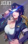 absurdres blue_eyes blue_gakuran blue_hair blue_jacket breasts chain commentary cropped_jacket earrings english_text genderswap genderswap_(mtf) gold_chain gunz hand_on_headwear hand_on_own_stomach highres jacket jewelry jojo_no_kimyou_na_bouken kujo_jotaro large_breasts open_clothes open_jacket pink_lips shirt short_hair stud_earrings white_shirt 