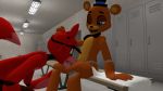  2018 3d_(artwork) aliasing anthro bear bench bottomless brown_fur canine clothed clothing crouching cum cum_in_mouth cum_inside digital_media_(artwork) duo eyewear fellatio five_nights_at_freddy&#039;s fox foxy_(fnaf) freddy_(fnaf) friskyshiba fur glasses inside locker_room looking_pleasured male male/male mammal mouth_wink one_eye_closed oral partially_clothed penis public red_fur sex sitting source_filmmaker toony topless towel video_games 