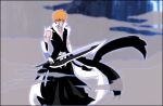  arm_guards arrancarfighter bankai bleach commentary english_commentary gloves holding holding_sword holding_weapon kurosaki_ichigo looking_at_viewer male_focus orange_hair solo spiked_hair sword tensa_zangetsu_(bankai) weapon 