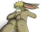  2012 anthro anus backsack balls biped blonde_hair brown_fur butt ears_back eyebrows_visible_through_hair eyes_visible_through_hair flaccid foreskin fur green_eyes hair humanoid_penis lagomorph log_(artist) looking_at_viewer looking_back lying male mammal multicolored_fur nude on_front penis perineum pink_nose rabbit short_hair signature simple_background solo two_tone_fur uncut white_background white_fur 