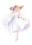  :d arm_up bare_shoulders blush bow breasts crossed_legs dress full_body hand_on_headwear hat hat_bow head_tilt long_hair looking_at_viewer medium_breasts open_mouth original pointy_ears red_eyes sandals silver_hair simple_background skirt_hold sleeveless sleeveless_dress smile solo standing straw_hat sundress tp_(kido_94) upper_teeth very_long_hair watson_cross white_bow white_dress white_footwear 