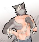  anthro bandage brown_fur canine fur kateru_houon looking_at_viewer male mammal muscular muscular_male nazimi00 open_mouth patchwork_creature patchwork_monster red_eyes solo stitches utau 