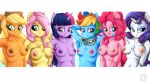  16:9 2018 anthro applejack_(mlp) areola big_breasts blonde_hair blue_eyes blue_feathers blush breast_size_difference breasts chest_tuft cowboy_hat earth_pony equine erect_nipples eyebrows eyelashes eyeshadow eyewear feathered_wings feathers female fluttershy_(mlp) freckles friendship_is_magic fur goggles gradient_background green_eyes grin group hair hairclip half-length_portrait hands_behind_back hat hi_res horn horse inner_ear_fluff jewelry long_hair makeup mammal mascara mouth_hold multicolored_hair my_little_pony mysticalpha navel navel_piercing necklace nipples nude pegasus piercing pink_hair pinkie_pie_(mlp) pony portrait pose presenting presenting_breasts purple_eyes purple_feathers purple_hair rainbow_dash_(mlp) rainbow_hair rarity_(mlp) signature simple_background smile teal_eyes teeth tuft twilight_sparkle_(mlp) unicorn watermark white_background winged_unicorn wings yellow_feathers 