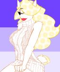  2017 anthro bandicoot big_breasts biped black_nose blonde_hair breasts clothed clothing crash_bandicoot_(series) digital_drawing_(artwork) digital_media_(artwork) eyebrows eyelashes eyes_closed female fur hair hair_over_eye hand_on_thigh hi_res long_hair makeup mammal marsupial red_lips sdei simple_background sitting smile solo sweater tawna_bandicoot video_games virgin_killer_sweater 