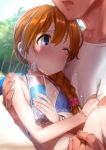  1girl baba_konomi beach blue_bikini_top blue_eyes blush bracelet braid brown_hair carrying commentary_request day eyebrows_visible_through_hair hair_between_eyes head_out_of_frame idolmaster idolmaster_million_live! idolmaster_million_live!_theater_days japanese_clothes jewelry long_hair one_eye_closed open_mouth outdoors pettan_p shirt_grab 