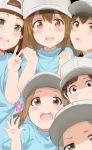  :o bangs blunt_bangs blush blush_stickers brown_eyes brown_hair clenched_hands commentary eyebrows_visible_through_hair flat_cap hair_between_eyes hat hataraku_saibou hews_hack highres long_hair looking_at_viewer multiple_boys multiple_girls open_mouth platelet_(hataraku_saibou) short_hair smile upper_teeth v waving white_hat 