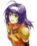  ahoge akke blue_hair fire_emblem fire_emblem:_souen_no_kiseki gloves green_eyes hairband headband long_hair purple_hair smile solo wayu_(fire_emblem) white_hairband 