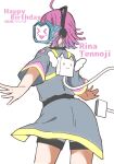  &gt;_&lt; 1girl :d ahoge animal_ear_headphones animal_ears blunt_ends cat_ear_headphones character_name coat commentary_request cowboy_shot dated fake_animal_ears grey_coat grey_shorts happy_birthday headphones highres kishimen_hair liz_(piyoko_piyop) love_live! love_live!_nijigasaki_high_school_idol_club mask masked medium_hair official_alternate_costume pink_hair rina-chan_board shorts simple_background sleeves_past_elbows smile solo tennoji_rina tsunagaru_connect_(love_live!) white_background xd 