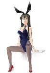  animal_ears black_hair black_neckwear blue_leotard breasts brown_legwear bunny_ears bunny_tail bunnysuit commentary_request detached_collar fake_animal_ears glasses grey_eyes hairband high_heels highres kantai_collection leotard long_hair muhamado necktie ooyodo_(kantai_collection) pantyhose paper red_footwear semi-rimless_eyewear simple_background sitting small_breasts solo strapless strapless_leotard tail under-rim_eyewear white_background wrist_cuffs 