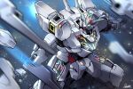  absurdres bit_(gundam) commentary cosmo-5 exhaust glowing glowing_eyes green_eyes gundam gundam_calibarn gundam_suisei_no_majo highres light_particles looking_at_viewer mecha mobile_suit no_humans robot science_fiction signature solo sparkle thrusters upper_body v-fin weapon 