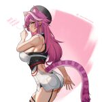  1girl animal_ear_fluff animal_ears ass bare_shoulders beret black_hat black_tube_top breasts commentary from_behind hair_intakes hat highres hololive hololive_english huge_breasts index_finger_raised long_hair looking_back median_furrow multicolored_hair panther_ears panther_girl panther_tail parted_lips pink_hair raora_panthera raora_panthera_(1st_costume) seventeencrows shirt shorts shoulder_blades solo strapless streaked_hair tail thighs tube_top twitter_username virtual_youtuber white_background white_shirt white_shorts yellow_eyes 