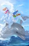  2018 anthro bikini breasts cetacean clothing day detailed_background digital_media_(artwork) dolphin female feral fish group mammal marine midriff navel open_mouth outside shark shnider sky smile swimsuit teeth tongue under_boob 