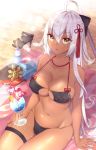  ahoge arm_support bare_shoulders beach bikini black_bikini bottle bow breasts brown_eyes center_opening cleavage cocktail collarbone commentary_request covered_nipples crazy_straw dark_skin drink drinking_straw dripping eyebrows_visible_through_hair fate/grand_order fate_(series) fingernails hair_between_eyes hair_bow hair_ornament hat heart_straw highres large_breasts leg_ribbon lips long_hair looking_at_viewer navel nekomiya_noru_(yuduki710) okita_souji_(alter)_(fate) okita_souji_(fate)_(all) ribbon sand shiny shiny_skin skindentation solo strap_gap swimsuit tassel thigh_gap very_long_hair white_hair 