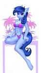  2018 5_fingers abs absurd_res anthro bikini blue_hair breasts cleavage clothed clothing cute cutie_mark earth_pony equine eyebrows eyelashes fan_character female hair hi_res hooves horse looking_at_viewer mammal my_little_pony navel palm_tree pony portrait purple_eyes raylanda sharedast signature simple_background sitting smile solo swimsuit traditional_media_(artwork) tree white_background 